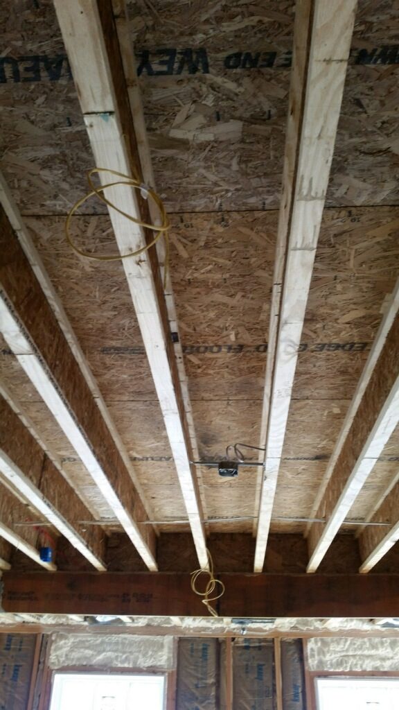 View of an unfinished ceiling showing the electrical work being done